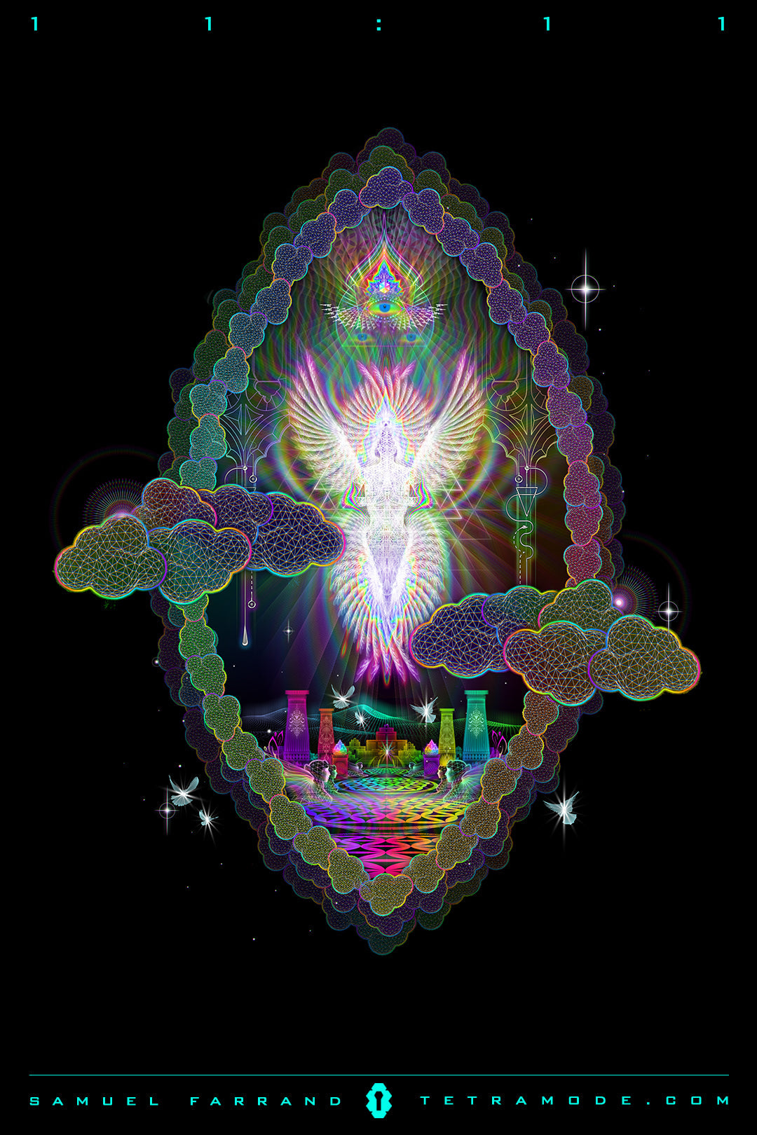 11:11 artwork by Samuel Farrand featuring a luminous angelic figure with wings, neon clouds, and cosmic geometric patterns on a black background