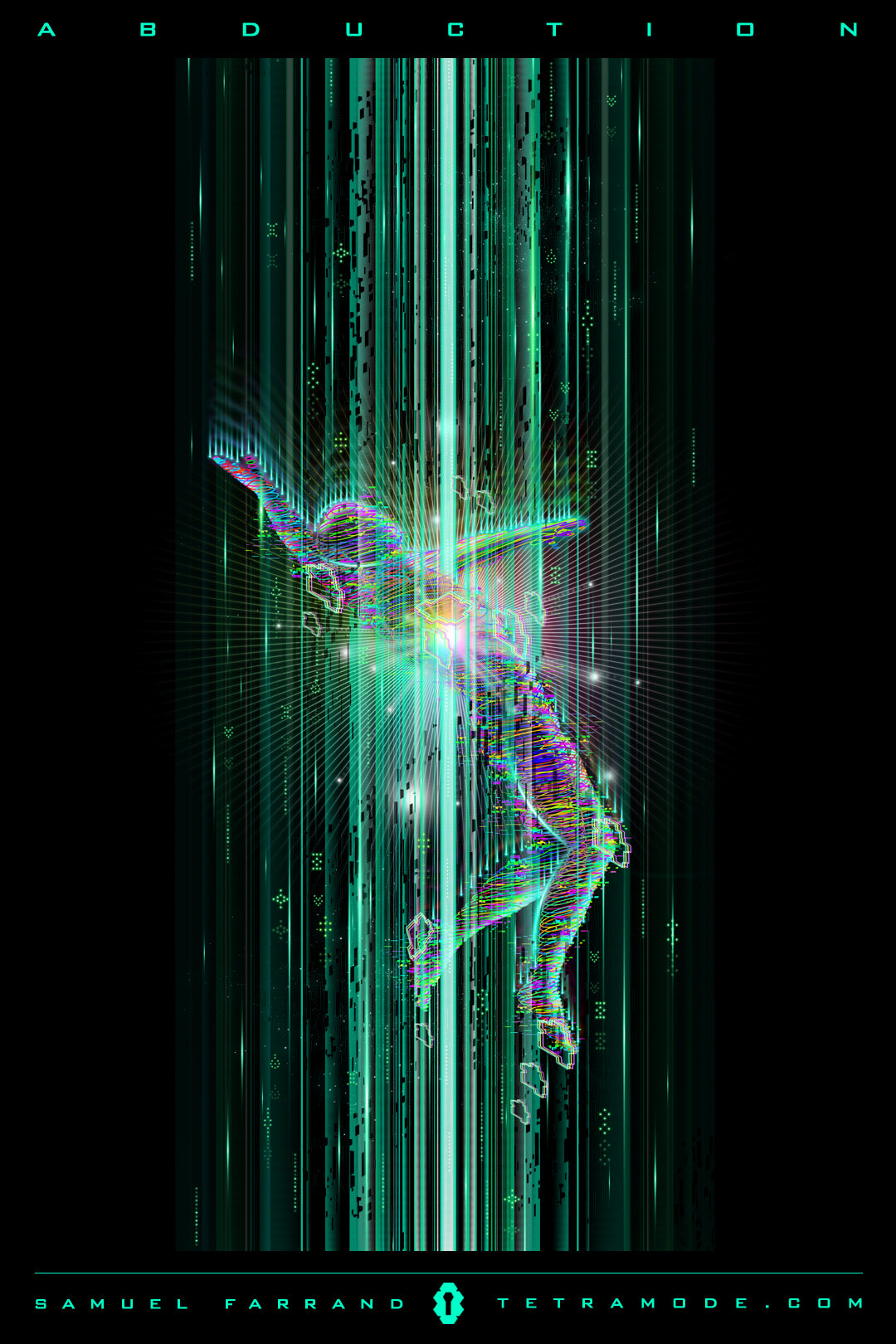 Abduction artwork showing a glowing figure pulled upward in green and violet psychedelic light beams by Samuel Farrand