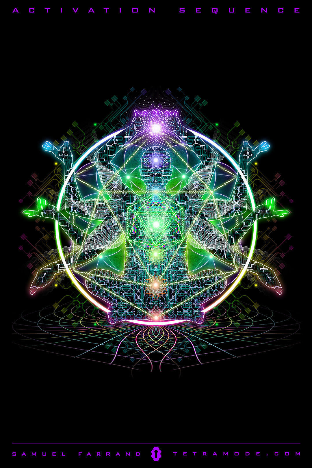 Activation Sequence artwork by Samuel Farrand showing a neon meditating figure surrounded by intricate geometric patterns and glowing energy points