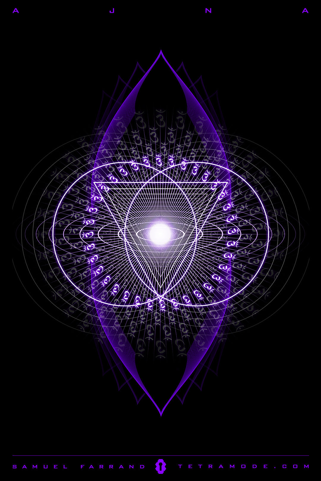 Ajna artwork by Samuel Farrand showing a violet geometric mandala symbolizing the third eye chakra, centered around a radiant white orb