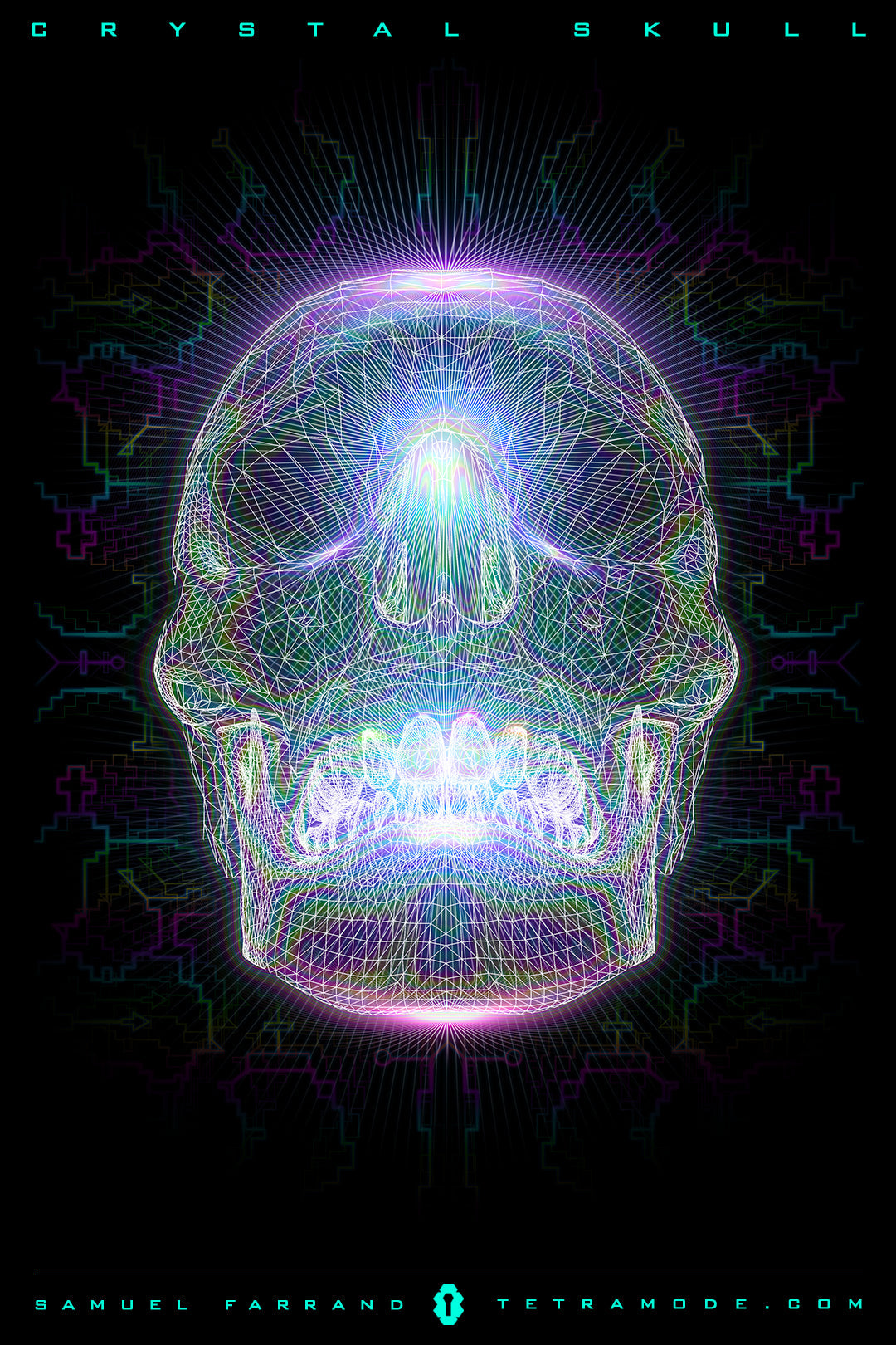 Crystal Skull artwork by Samuel Farrand showing a neon geometric wireframe skull radiating light and energy in visionary style