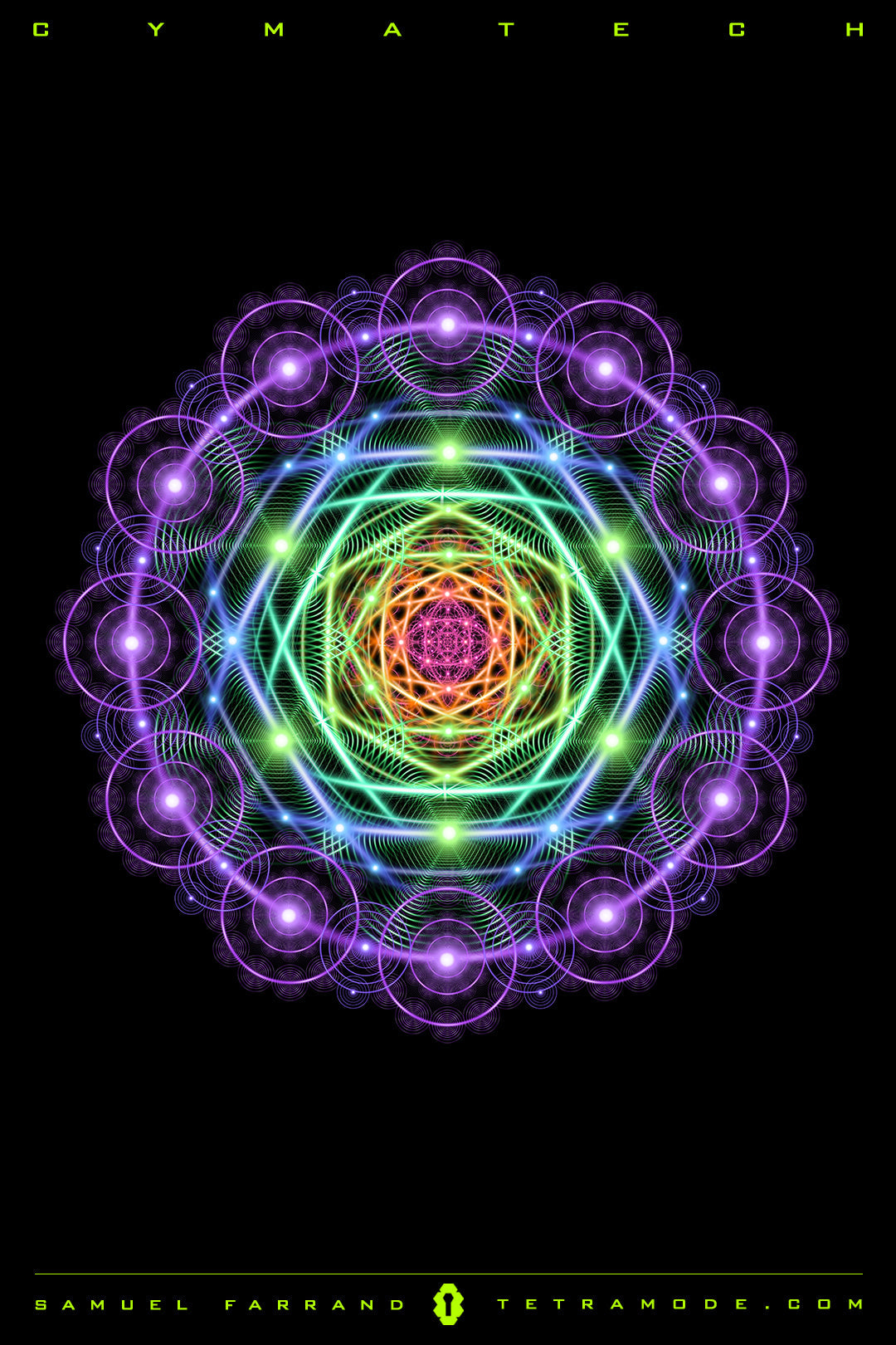 Cymatech artwork by Samuel Farrand showing a glowing mandala of cymatic wave patterns and sacred geometry in radiant neon colors