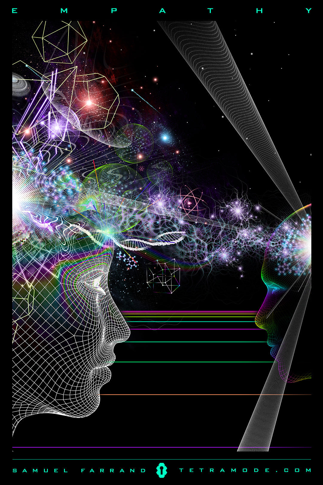 Empathy artwork by Samuel Farrand showing two human faces exchanging streams of light, geometry, and cosmic energy in visionary style