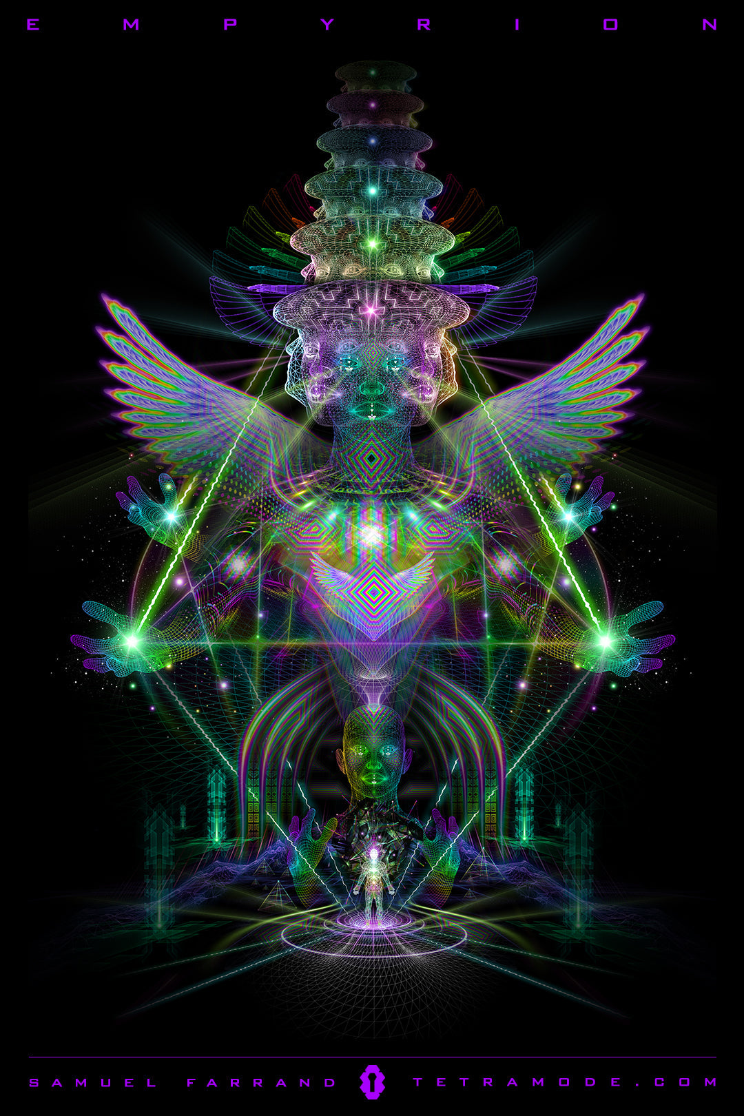 Empyrion artwork by Samuel Farrand showing a radiant multi-faced angelic being with wings, luminous geometry, and cosmic symmetry in visionary style