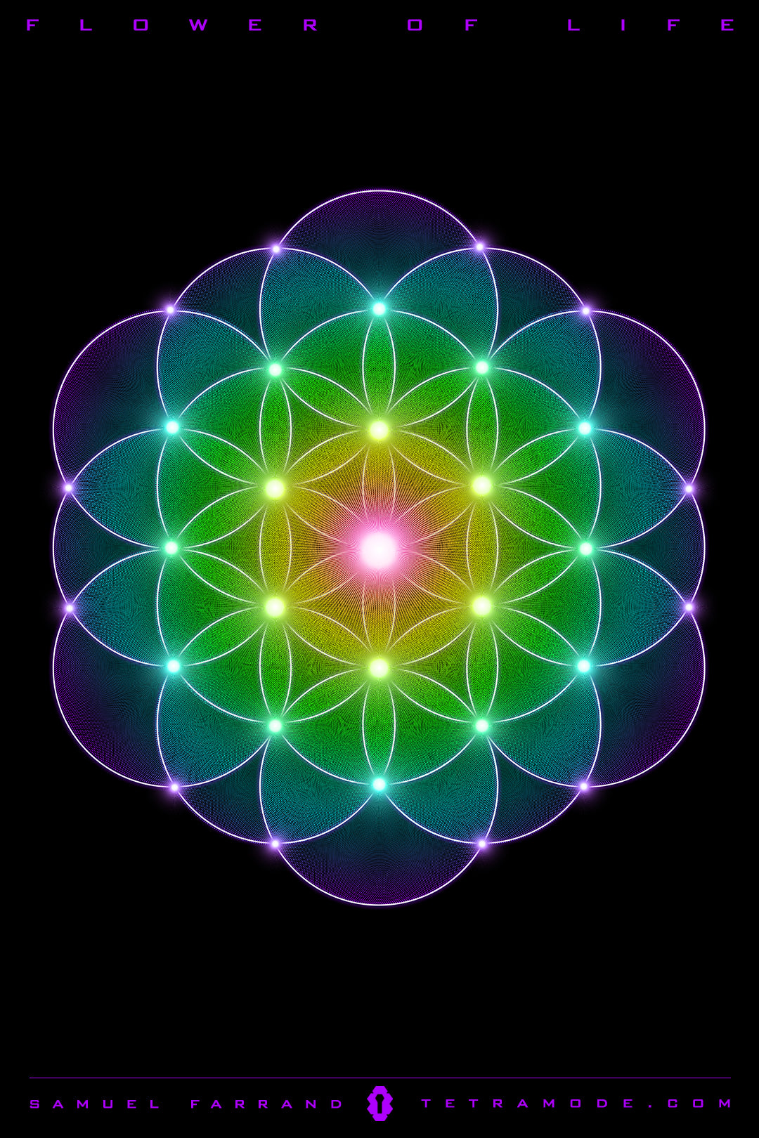 Flower of Life artwork by Samuel Farrand showing a glowing rainbow-hued sacred geometry pattern in visionary neon style