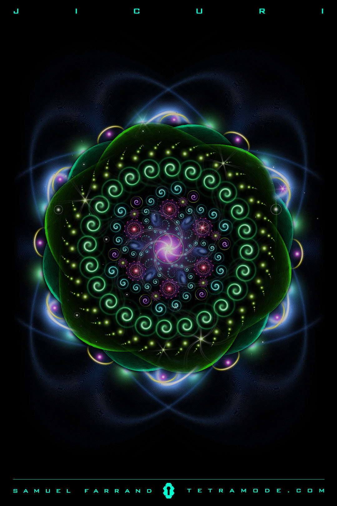 Jicuri artwork by Samuel Farrand showing a glowing green spiral mandala inspired by peyote and Huichol sacred geometry in visionary neon style