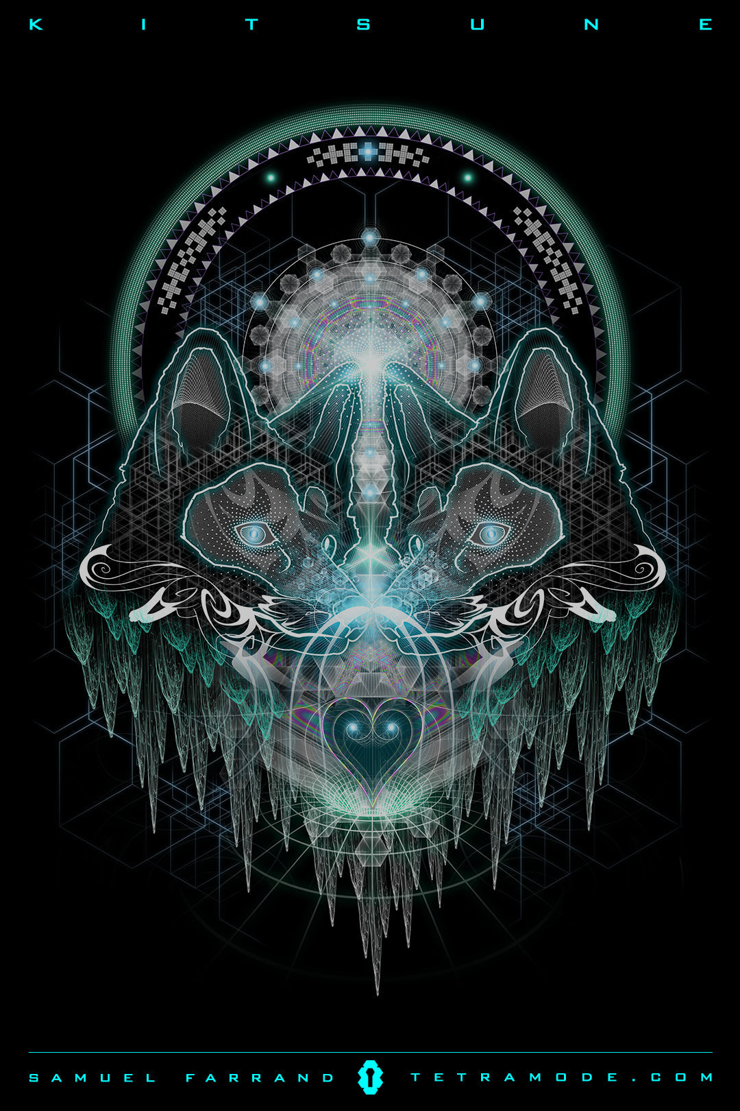 Kitsune artwork by Samuel Farrand showing twin fox heads in mirrored symmetry surrounded by sacred geometry and crystalline structures in visionary style