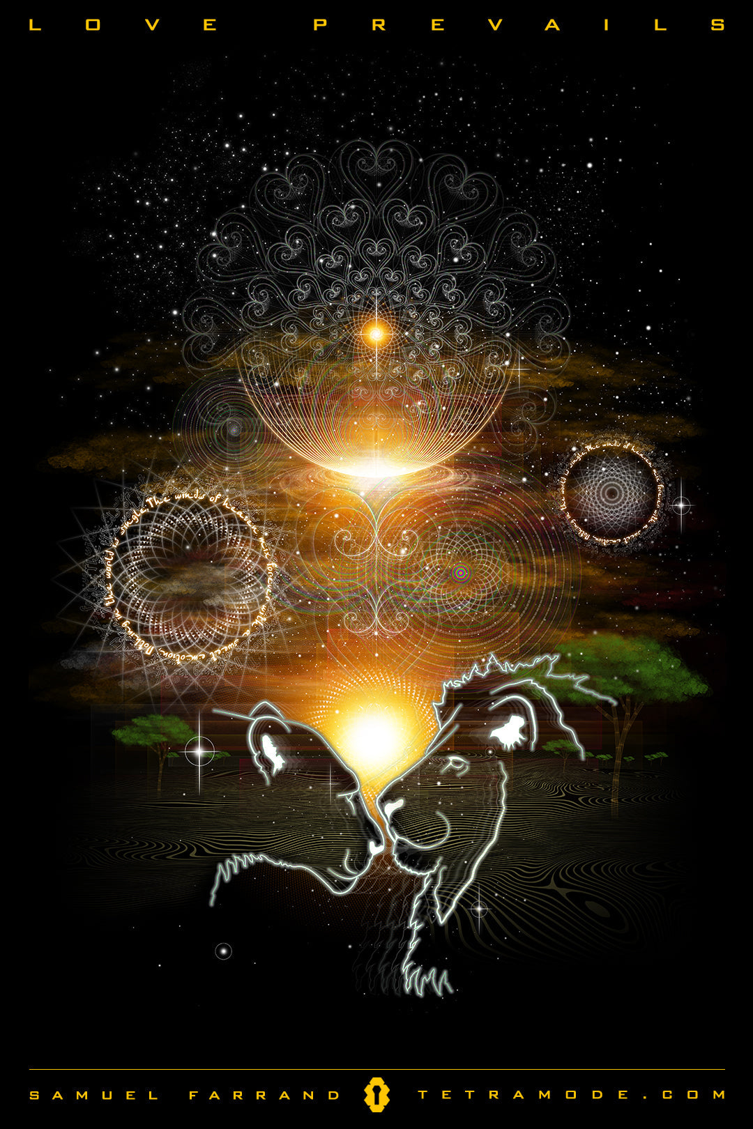 Love Prevails artwork by Samuel Farrand showing two lions touching foreheads under a radiant golden sun with cosmic geometry and sacred patterns