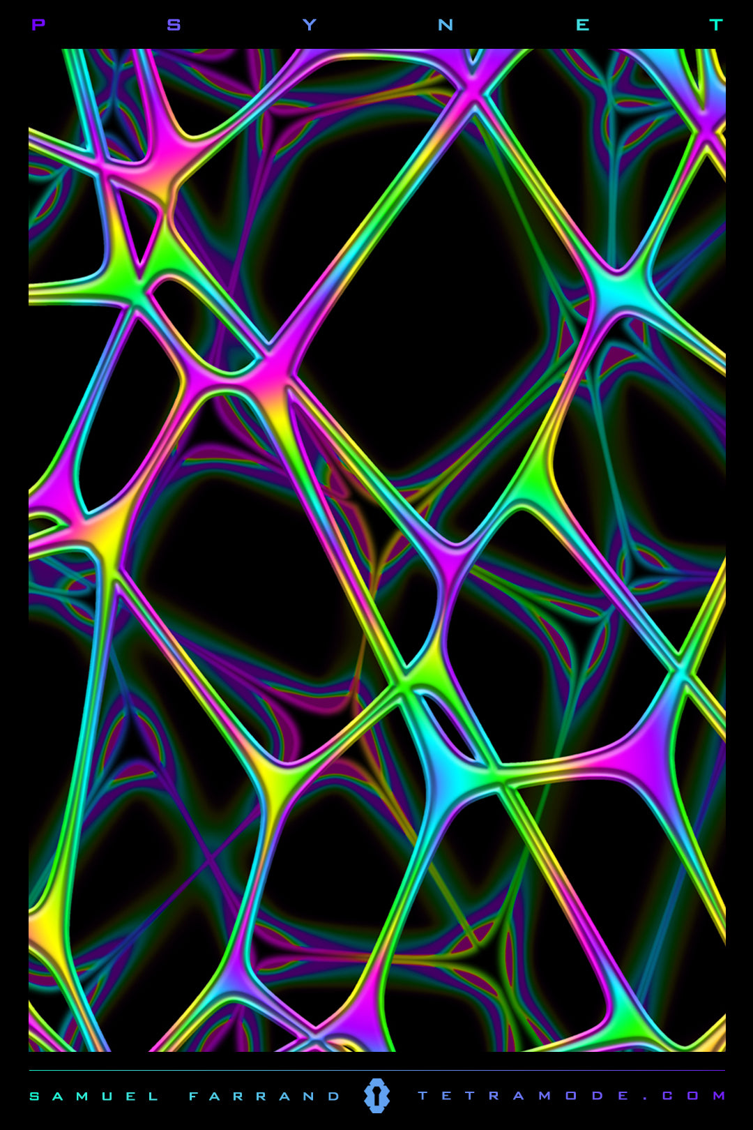 Psynet psychedelic artwork featuring a glowing neural web in vibrant rainbow colors with fluid organic geometry by Samuel Farrand