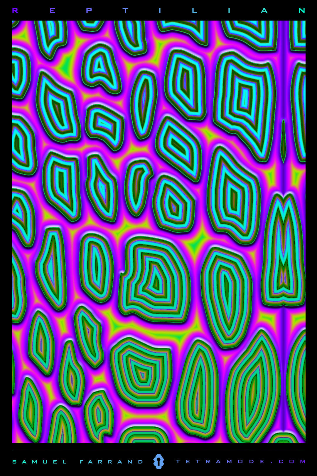 Reptillian psychedelic artwork featuring neon reptile scale patterns in vibrant rainbow colors by Samuel Farrand