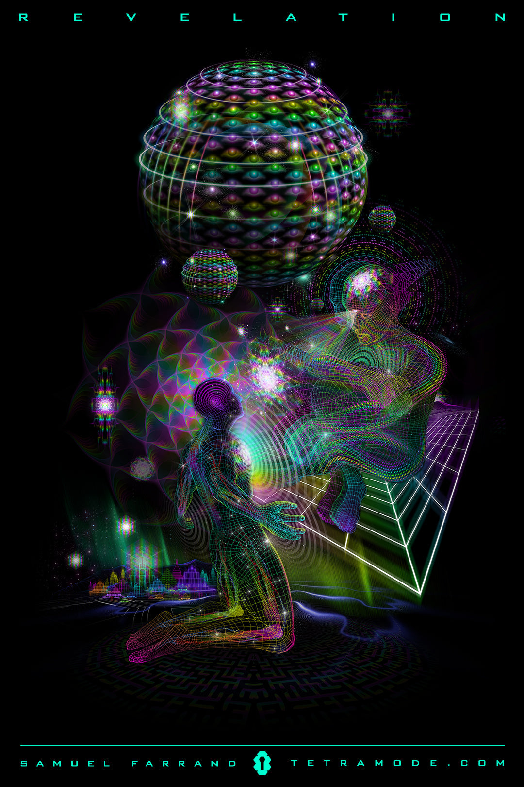 Revelation artwork by Samuel Farrand showing two luminous wireframe figures in a cosmic exchange of energy, surrounded by sacred geometry and radiant spheres