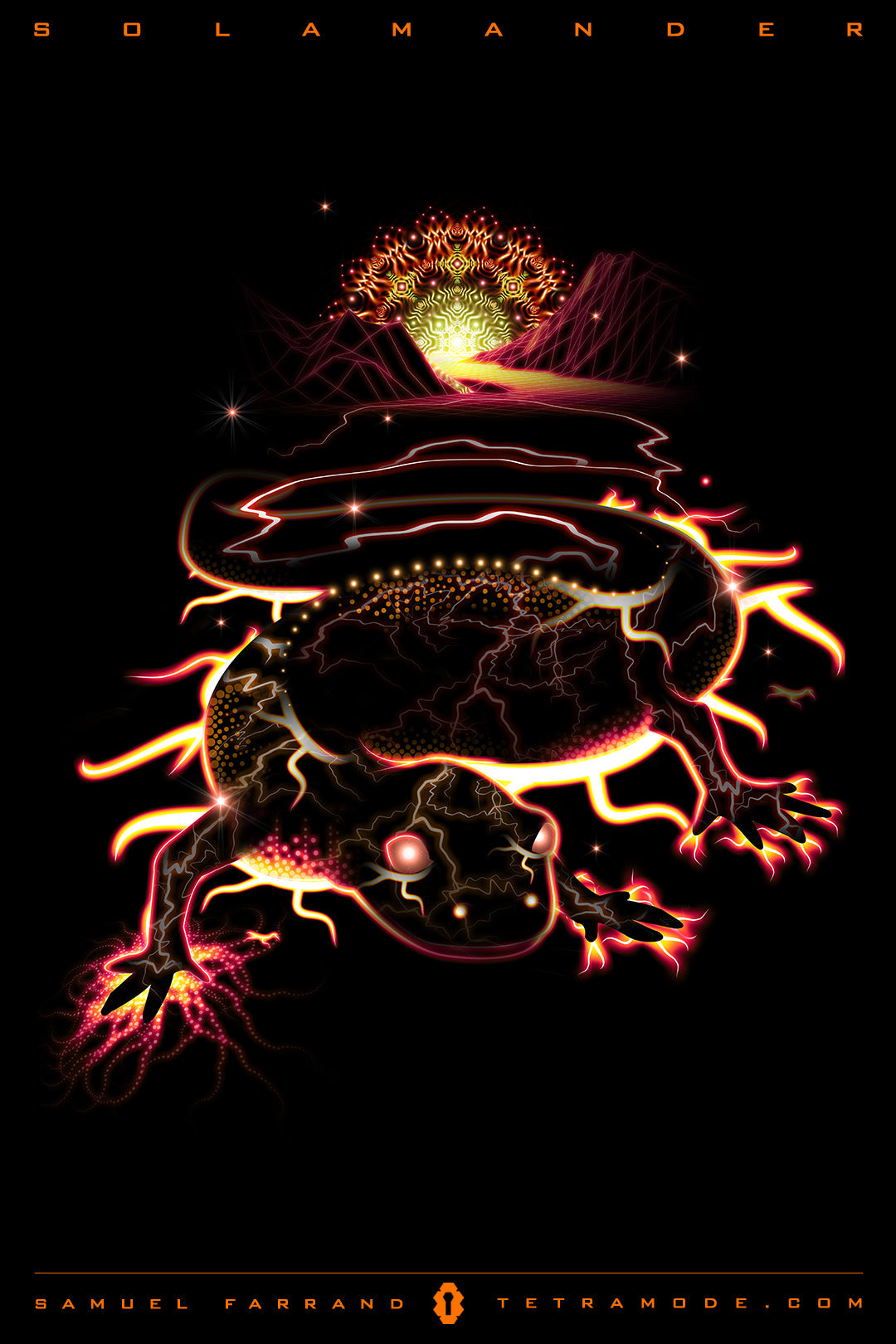Solamander artwork by Samuel Farrand showing a glowing salamander radiating fiery light and sacred patterns with a molten sun in the background