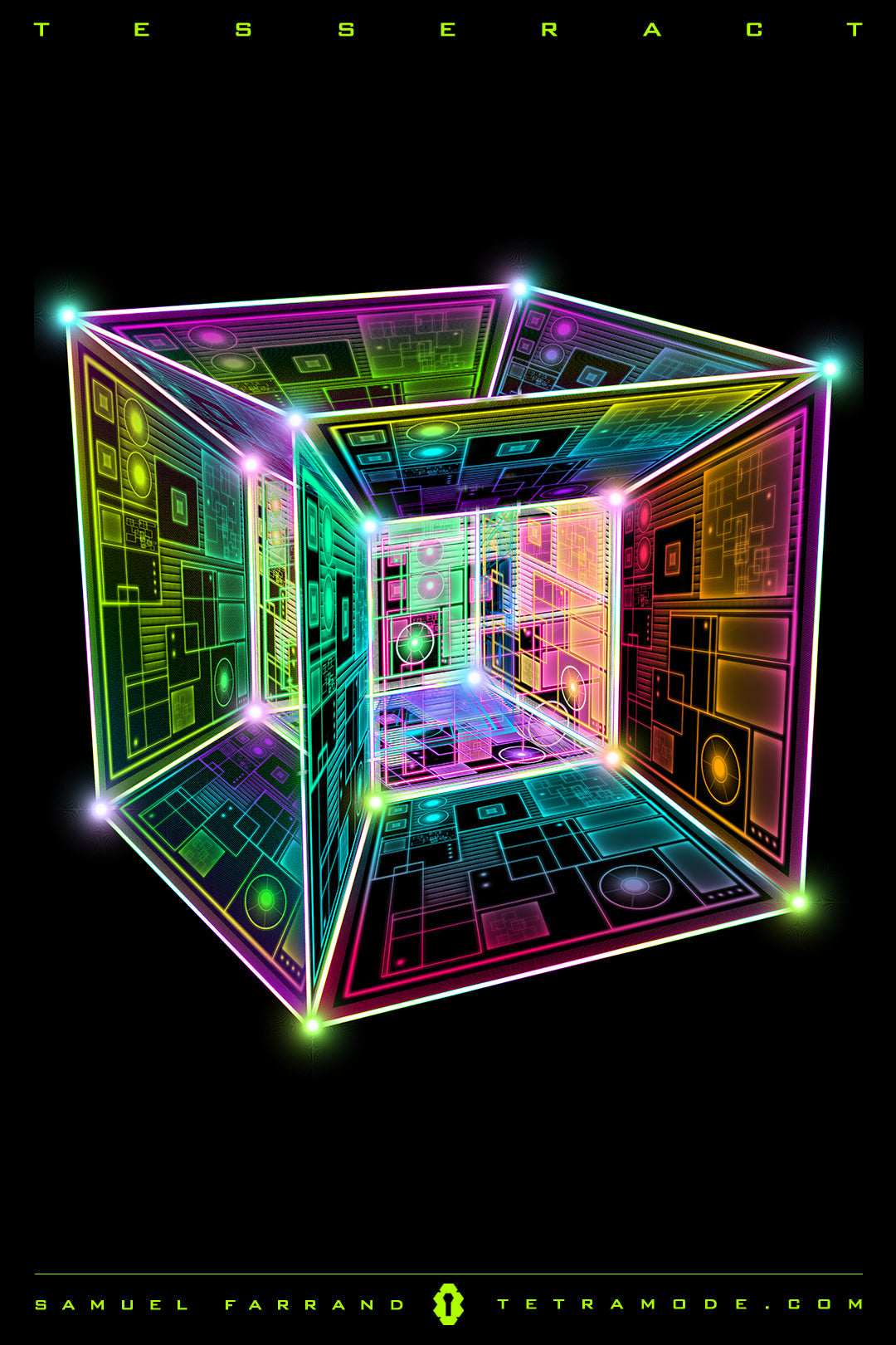 Tesseract artwork by Samuel Farrand showing a glowing neon hyperspace cube with sacred geometry and futuristic architecture in visionary style