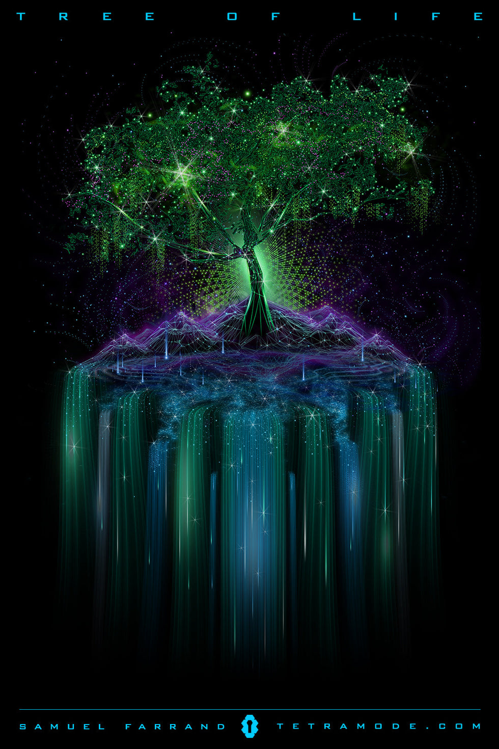 Tree of Life artwork by Samuel Farrand showing luminous green tree with starlit leaves, glowing roots, and cascading cosmic waterfalls in space