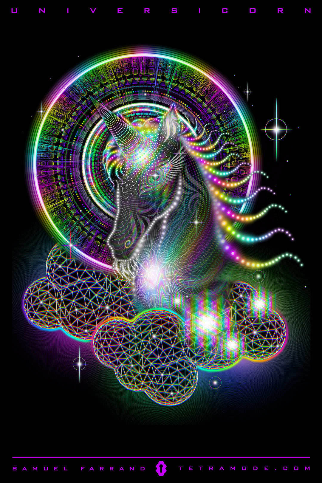 Universicorn artwork by Samuel Farrand showing a neon cosmic unicorn with flowing rainbow mane and sacred geometry clouds in visionary style