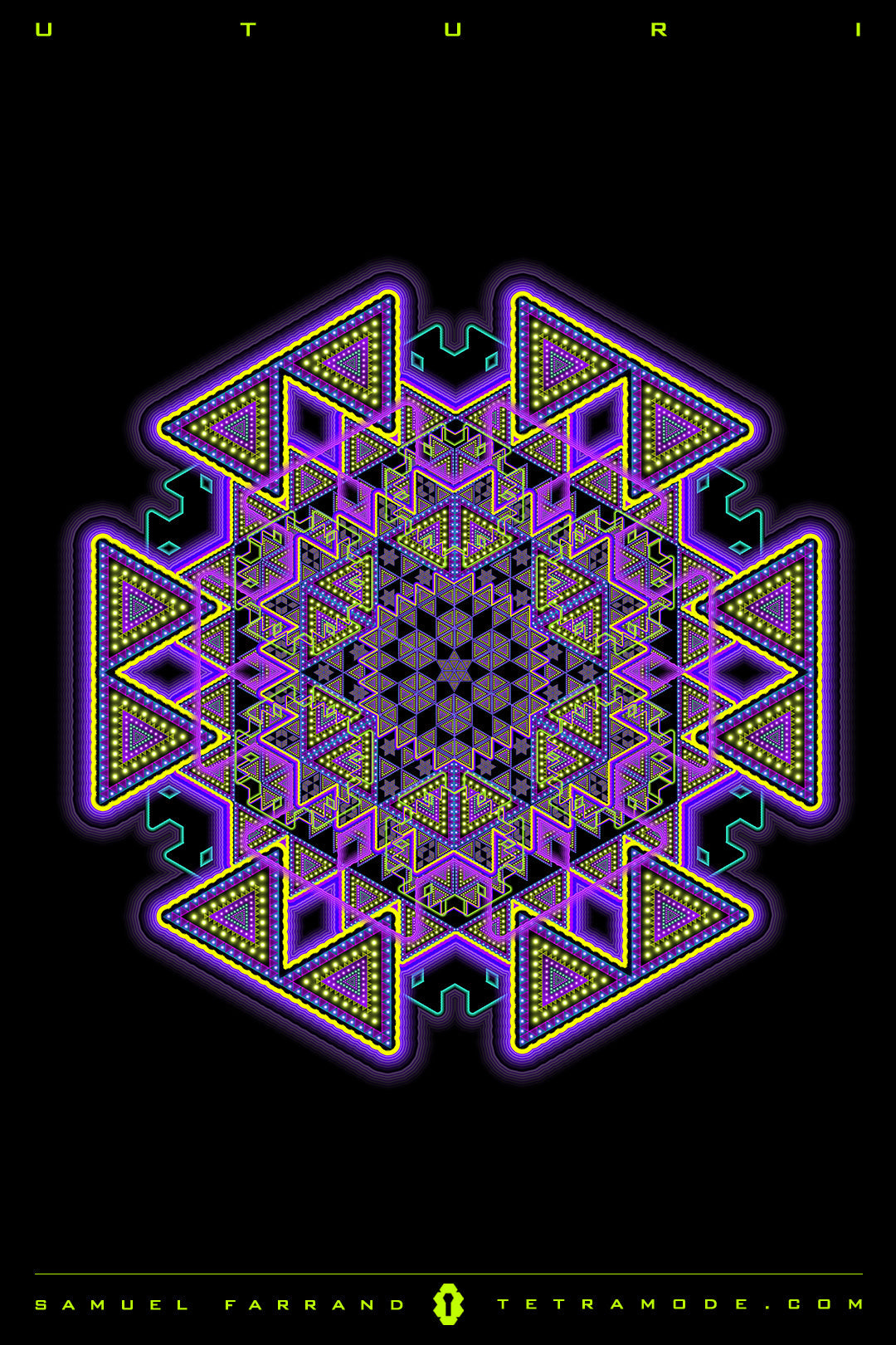 Uturi artwork by Samuel Farrand featuring a symmetrical mandala of interlocking neon triangles and geometric patterns on a black background