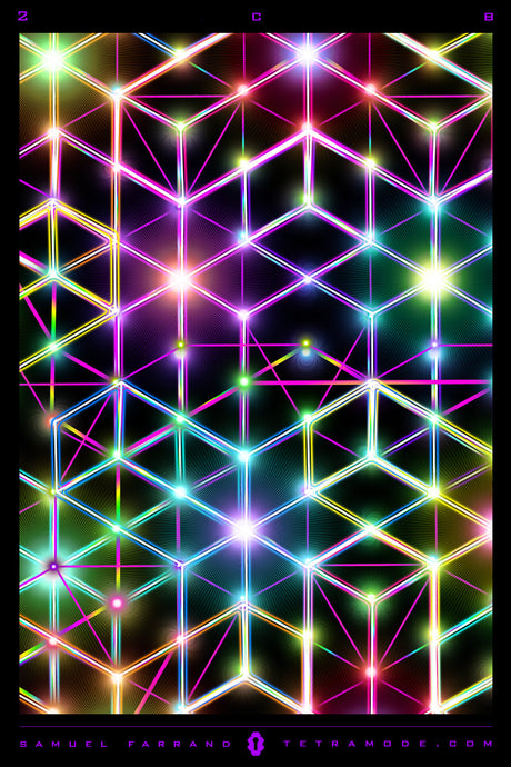 2CB Electric Rainbow Geometry psychedelic neon geometric artwork featuring vibrant sacred geometry patterns and visionary design by Samuel Farrand