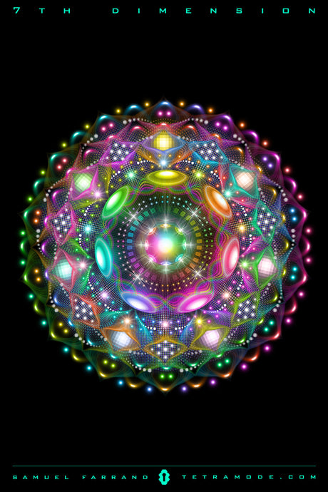 7th Dimension multicolored sacred geometry mandala with radiant light and intricate symmetry by Samuel Farrand