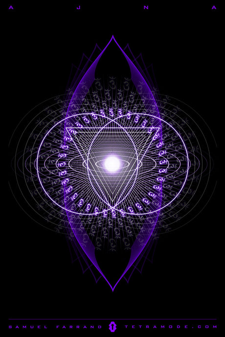 Ajna artwork by Samuel Farrand showing a violet geometric mandala symbolizing the third eye chakra, centered around a radiant white orb