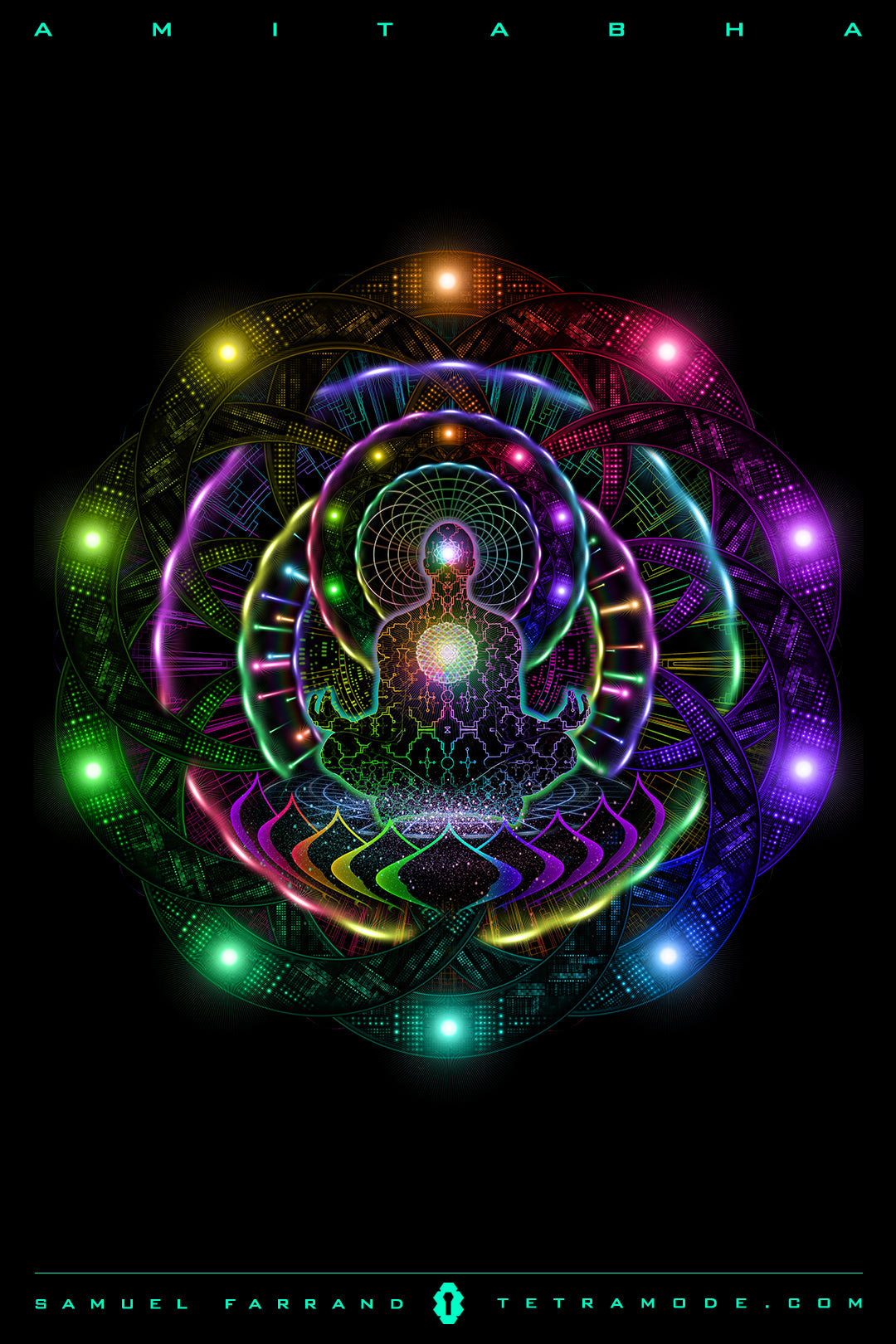 Amitabha artwork by Samuel Farrand showing a radiant Buddha figure within a multi-layered sacred geometry mandala of vivid neon light on a black background