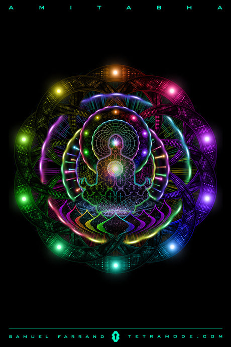 Amitabha artwork by Samuel Farrand showing a radiant Buddha figure within a multi-layered sacred geometry mandala of vivid neon light on a black background