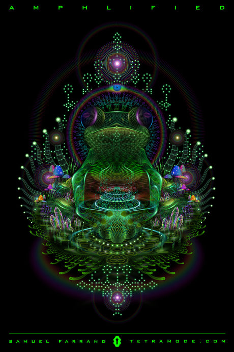 Amphlified artwork by Samuel Farrand featuring a luminous frog totem with psychedelic plants, mushrooms, and geometric patterns on a black background
