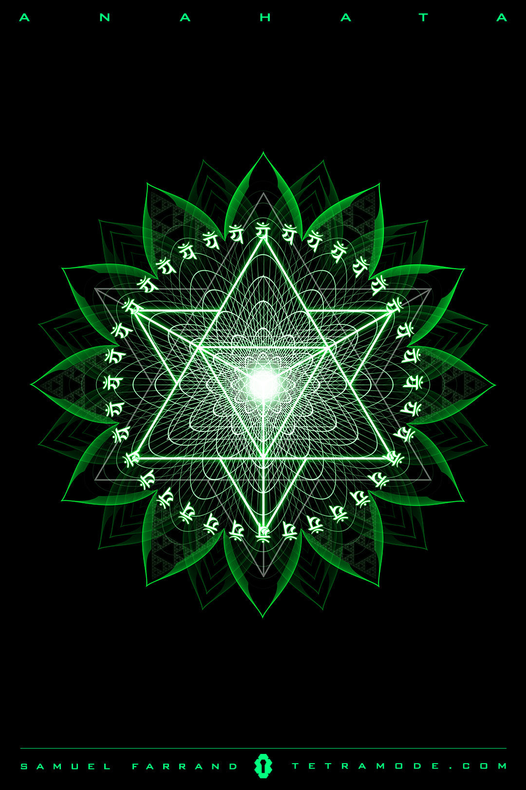 Anahata artwork by Samuel Farrand featuring a neon green heart chakra mandala with sacred geometry patterns on a black background