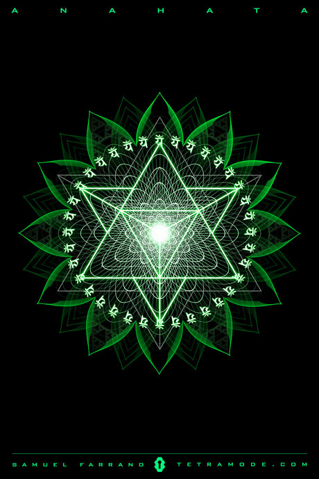 Anahata artwork by Samuel Farrand featuring a neon green heart chakra mandala with sacred geometry patterns on a black background
