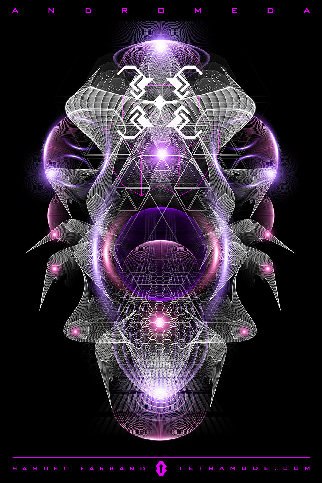 Andromeda artwork by Samuel Farrand featuring luminous purple and white geometric forms with a futuristic alien aesthetic on a black background