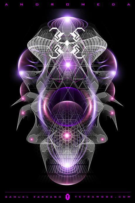 Andromeda artwork by Samuel Farrand featuring luminous purple and white geometric forms with a futuristic alien aesthetic on a black background