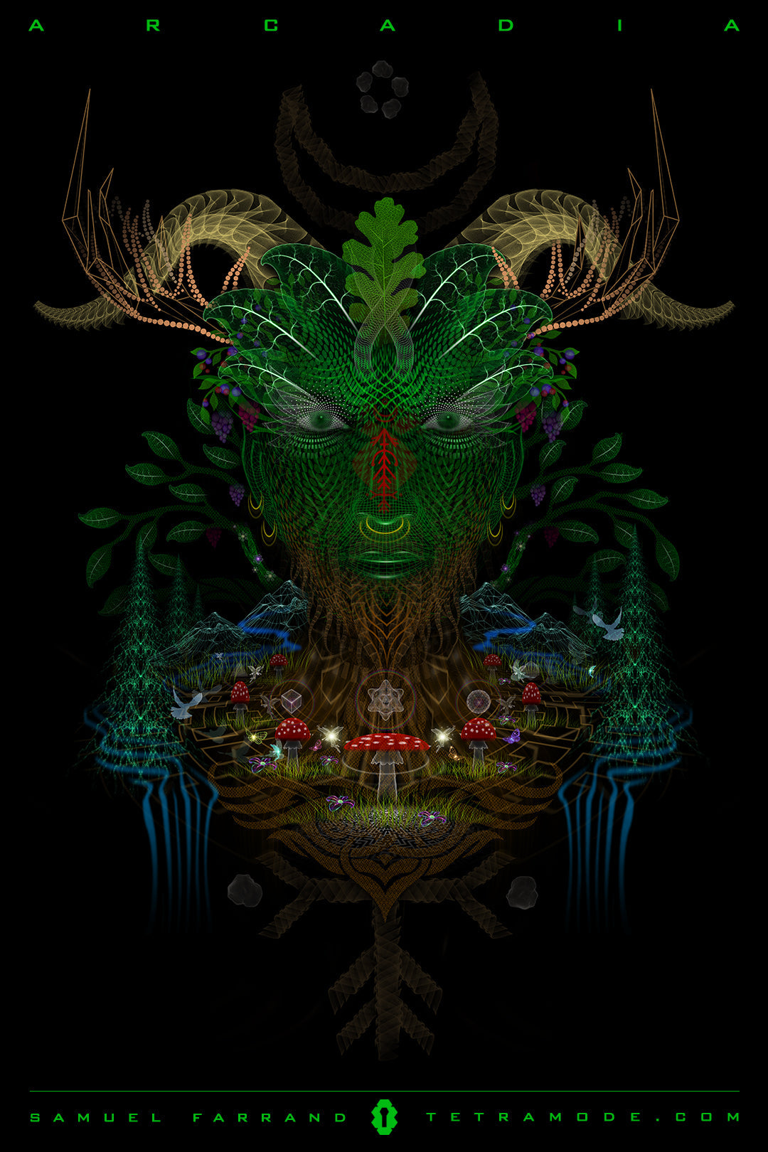 Arcadia artwork by Samuel Farrand depicting a luminous green forest spirit with antlers, mushrooms, trees, and sacred geometry on a black background