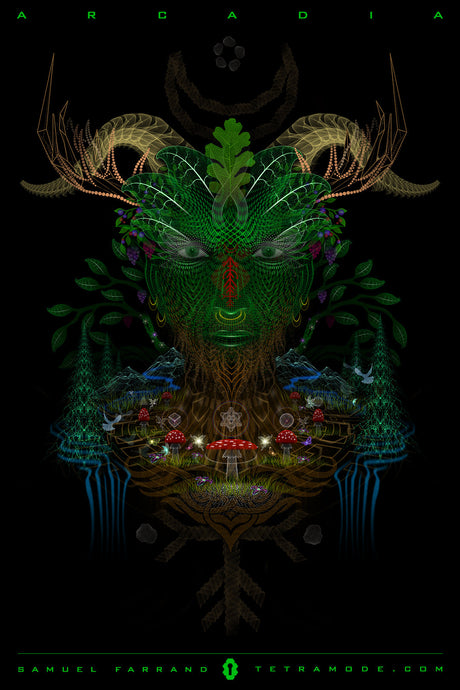 Arcadia artwork by Samuel Farrand depicting a luminous green forest spirit with antlers, mushrooms, trees, and sacred geometry on a black background