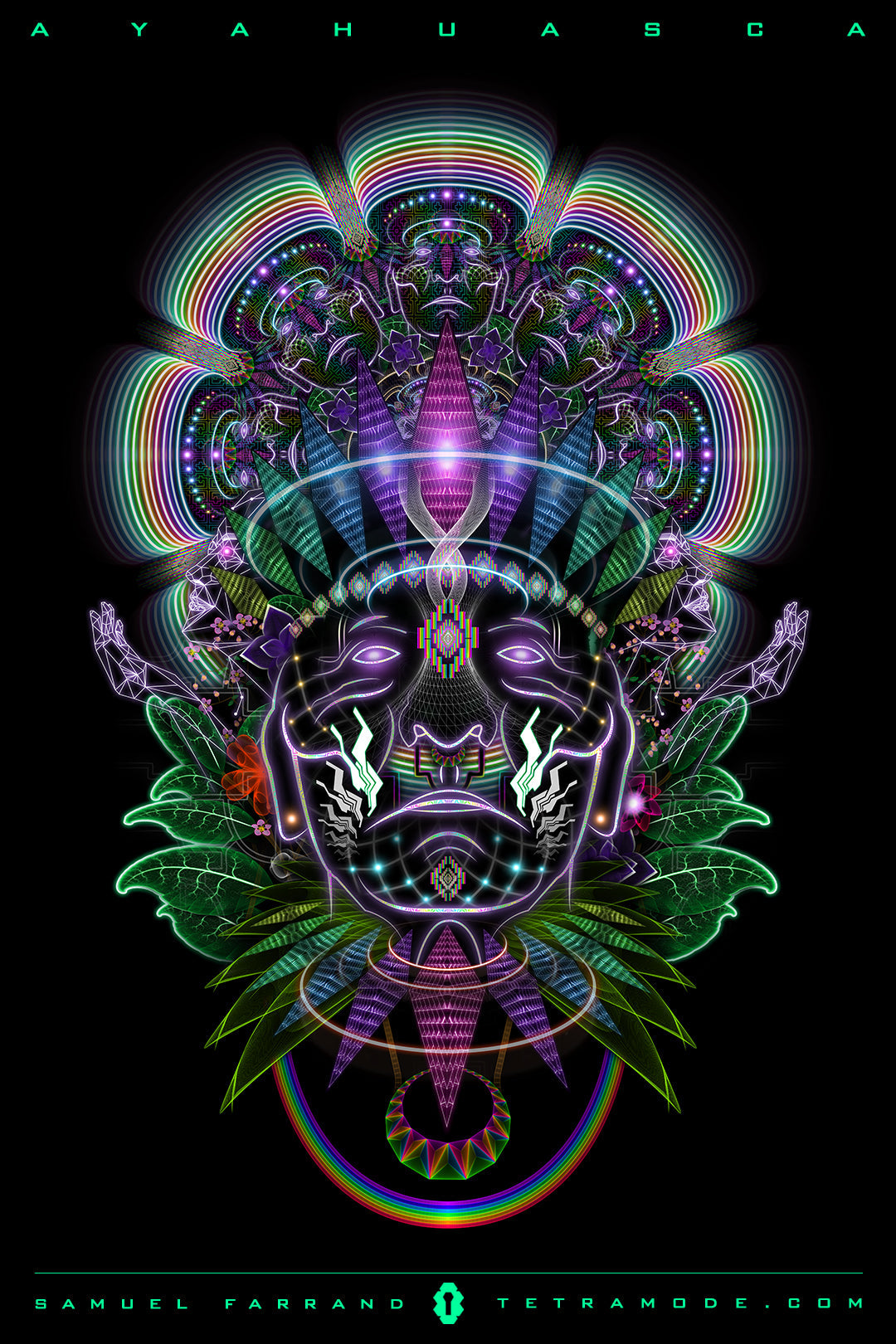 Ayahuasca artwork by Samuel Farrand featuring a luminous shamanic face with jungle plants, geometric patterns, and rainbow light on a black background