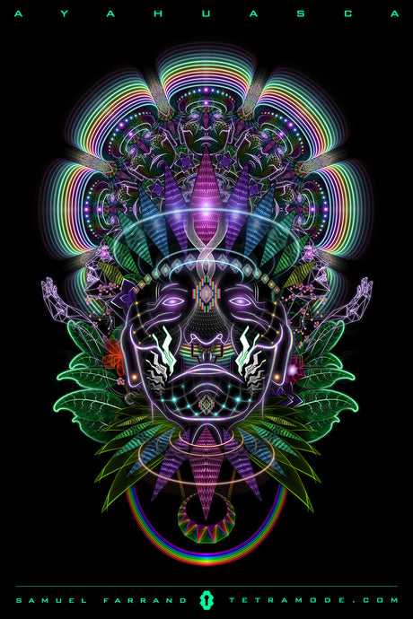 Ayahuasca artwork by Samuel Farrand featuring a luminous shamanic face with jungle plants, geometric patterns, and rainbow light on a black background