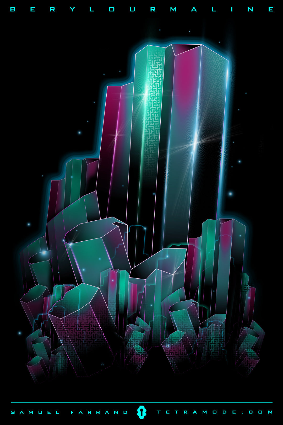 Berylourmaline artwork by Samuel Farrand featuring glowing teal and magenta crystal formations with luminous highlights on a black background