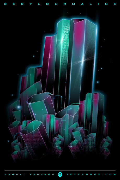 Berylourmaline artwork by Samuel Farrand featuring glowing teal and magenta crystal formations with luminous highlights on a black background