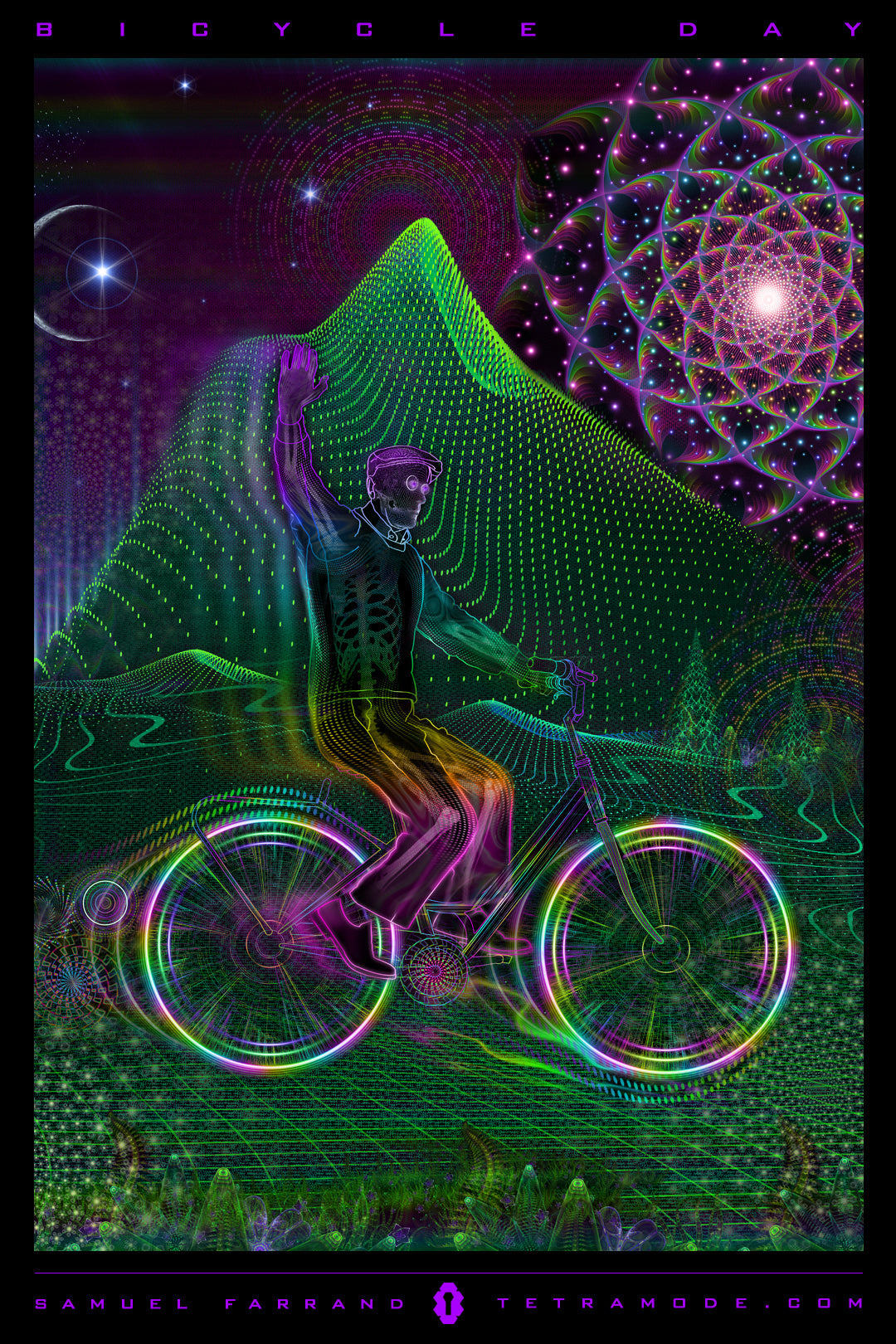 Bicycle Day artwork by Samuel Farrand showing neon cyclist riding through glowing hills with cosmic geometry and crescent moon in psychedelic style