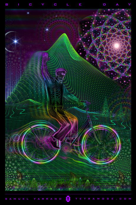 Bicycle Day artwork by Samuel Farrand showing neon cyclist riding through glowing hills with cosmic geometry and crescent moon in psychedelic style