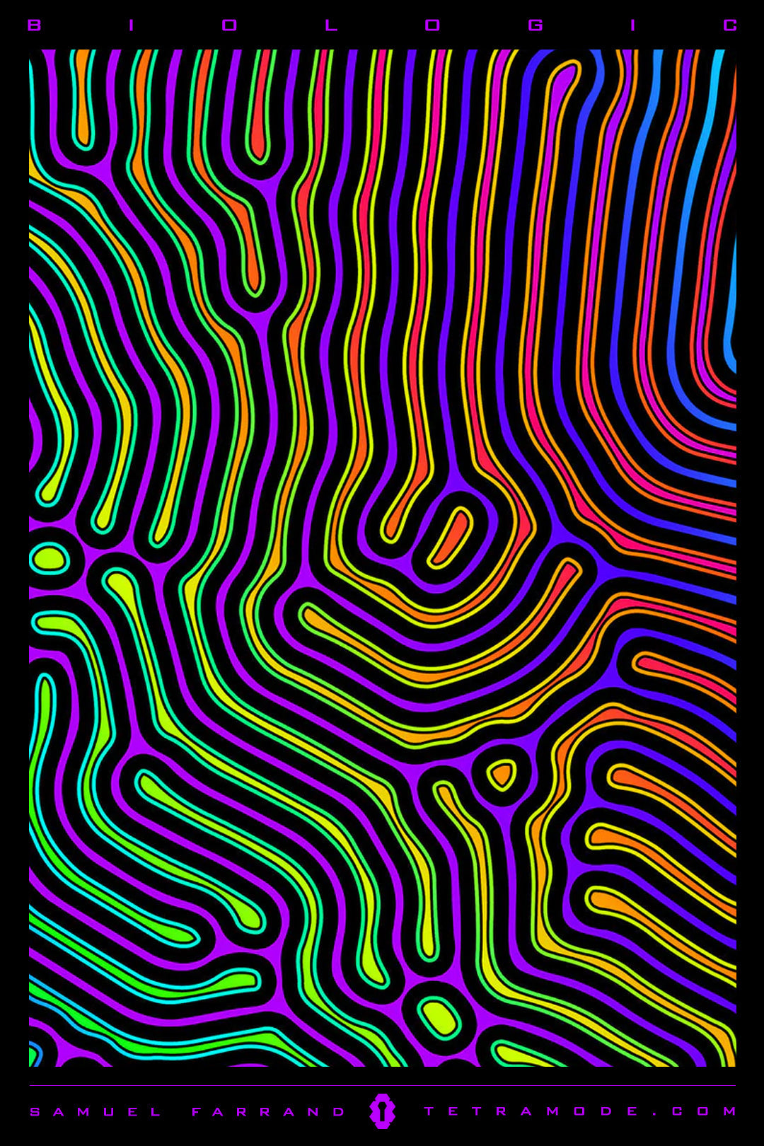 Biologic artwork by Samuel Farrand featuring psychedelic neon contour lines in rainbow colors on a dark background, resembling organic flow patterns