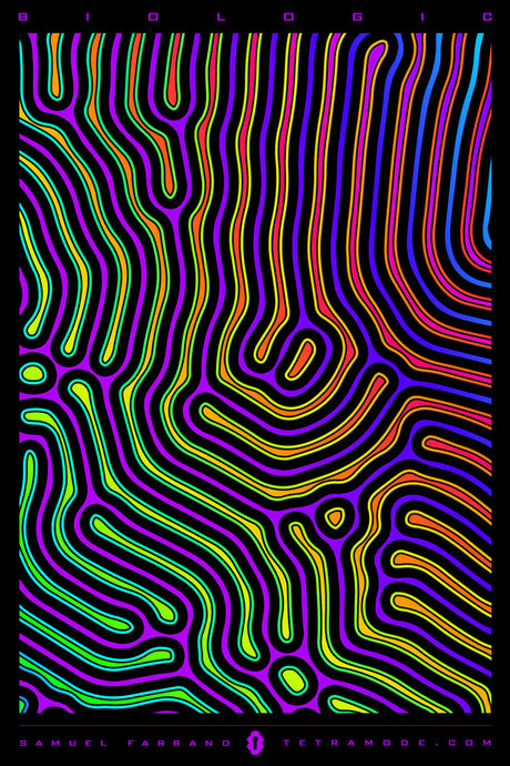 Biologic artwork by Samuel Farrand featuring psychedelic neon contour lines in rainbow colors on a dark background, resembling organic flow patterns