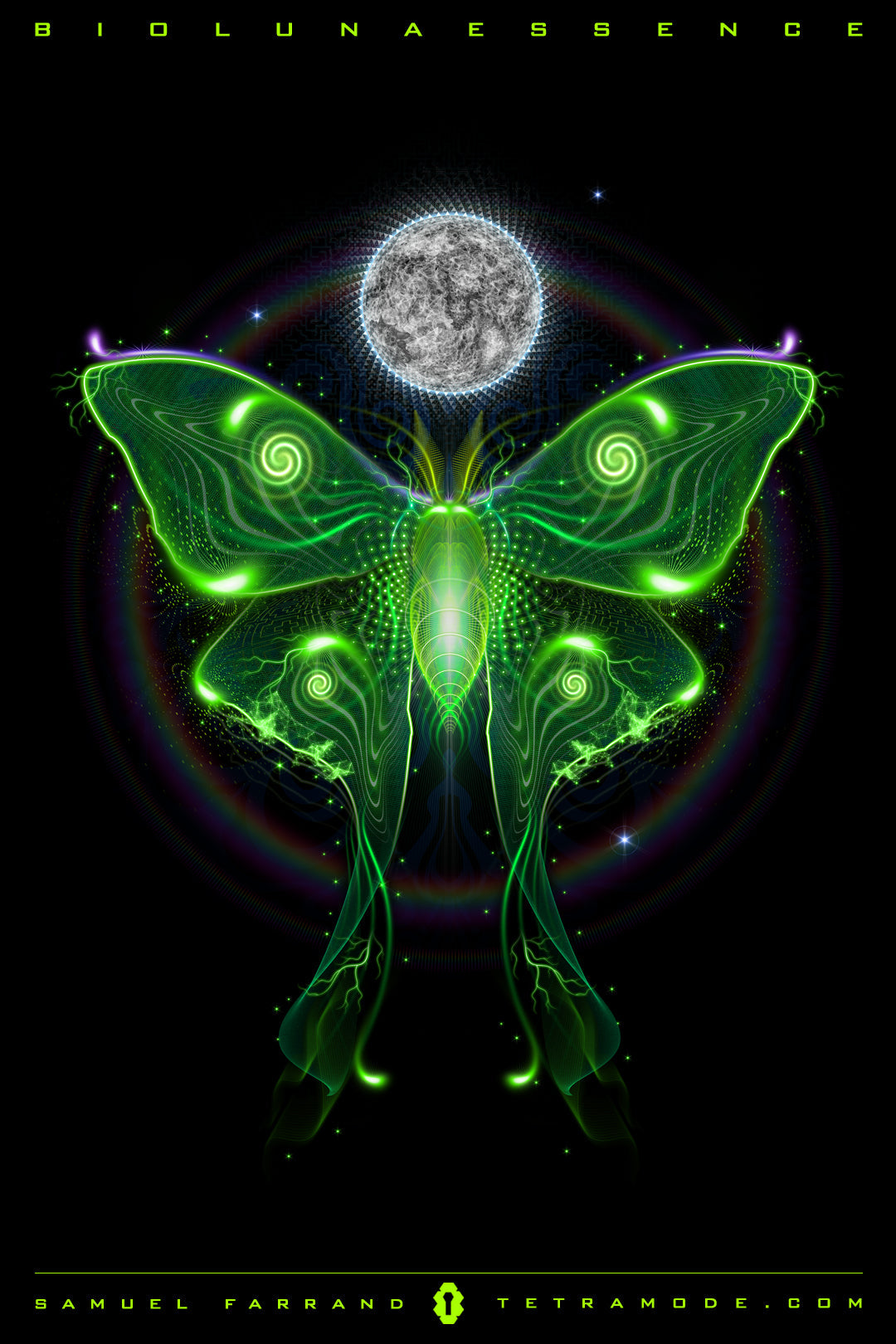 Biolunaessence artwork of a glowing neon green butterfly beneath a moon by Samuel Farrand