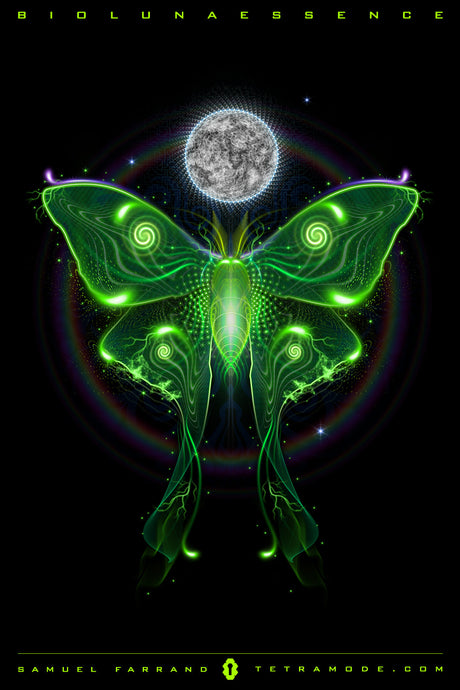 Biolunaessence artwork of a glowing neon green butterfly beneath a moon by Samuel Farrand