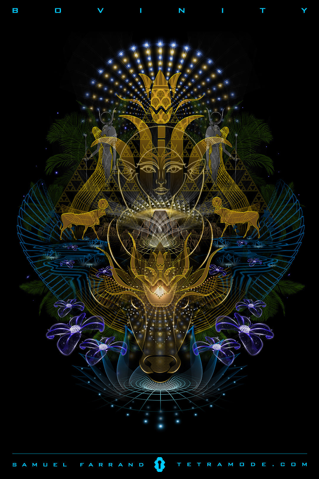 Bovinity artwork by Samuel Farrand featuring a golden sacred cow motif with Egyptian-inspired symbols, geometric patterns, and radiant floral accents on a dark background