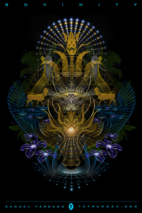 Bovinity artwork by Samuel Farrand featuring a golden sacred cow motif with Egyptian-inspired symbols, geometric patterns, and radiant floral accents on a dark background