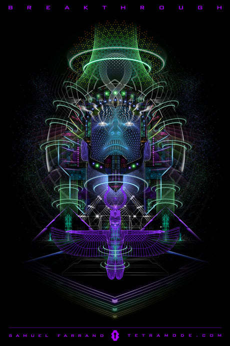 Breakthrough artwork by Samuel Farrand featuring a futuristic humanoid face framed in neon green, purple, and blue geometry, with cosmic portals and winged motifs on a dark background