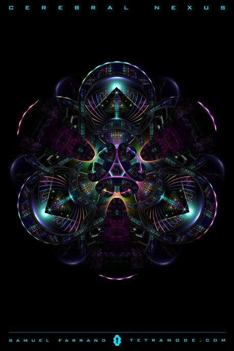 Cerebral Nexus artwork by Samuel Farrand featuring a symmetrical digital mandala of luminous loops, triangles, and neon circuitry in purple, green, and teal on a black background