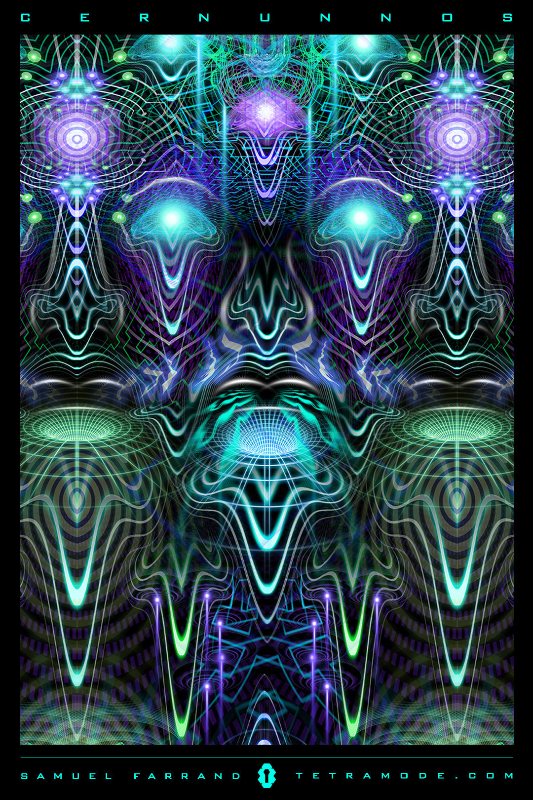 Cernunnos visionary psychedelic artwork featuring Celtic-inspired patterns, sacred geometry, and luminous electric energy by Samuel Farrand