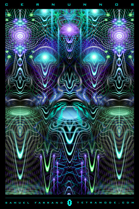 Cernunnos visionary psychedelic artwork featuring Celtic-inspired patterns, sacred geometry, and luminous electric energy by Samuel Farrand