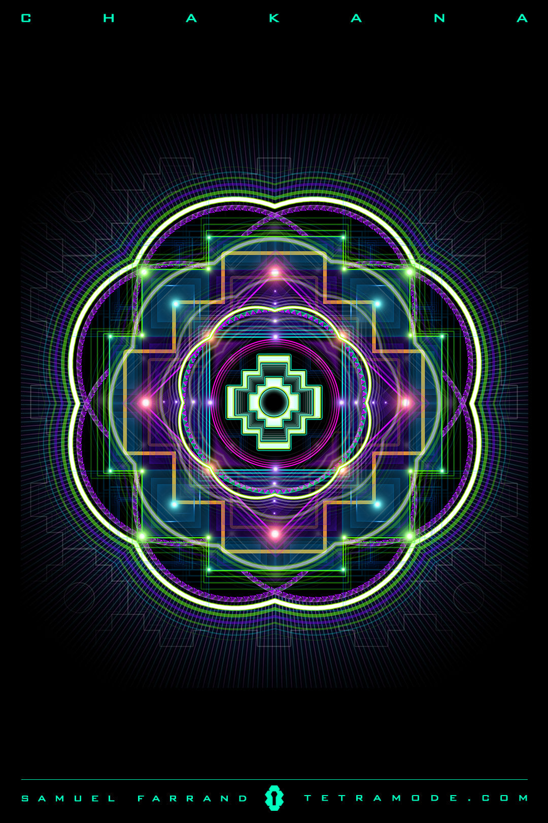 Chakana artwork by Samuel Farrand featuring a luminous geometric mandala inspired by the Incan cross, in neon green, purple, and blue tones on a black background