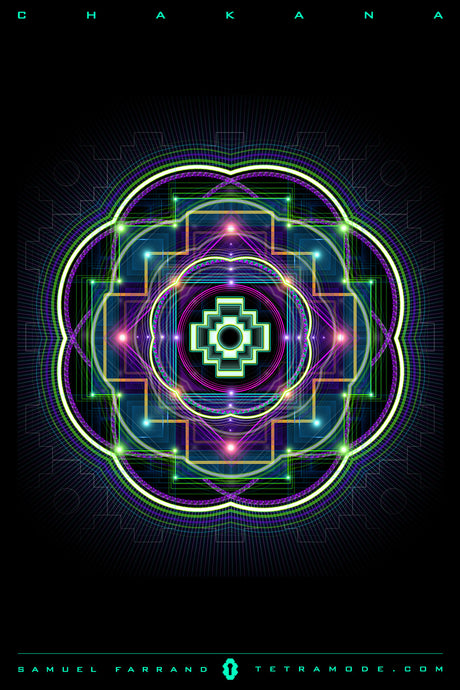 Chakana artwork by Samuel Farrand featuring a luminous geometric mandala inspired by the Incan cross, in neon green, purple, and blue tones on a black background